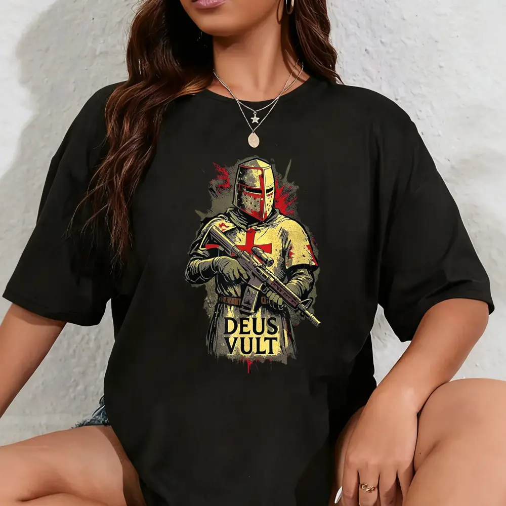 Women's 100% Cotton Round Neck Catholic Knight Templar Crusader Cross Short Sleeve Fitted T-Shirt - Comfortable Breathable Garment, Casual for Beach, Tropical Outdoor Use, Crew Neck, Tropical Print, Cold Wash, Hang Dry