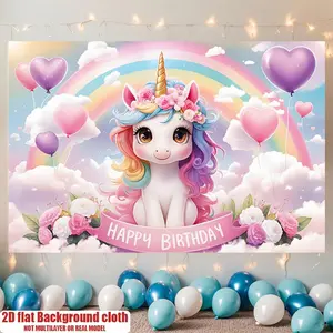 Charming Unicorn Happy Birthday Background Decoration 2D Flat Banner 1pc Polyester Photo Props Home Room Wall Party Backdrop Vibrant Design for Celebrations