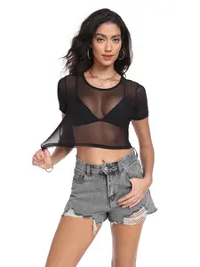 Women's Round Neck Transparent Mesh Short Sleeve Tight Fit Crop Undershirt, Sexy Solid Pattern All Seasons Top, Close-Fitting Innerwear