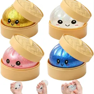 Glitter Bao Bun Squishy Stress Toy with Mini Steamer Box, Cute Kawaii Silicone Dumpling Squeeze Fidget Toy for Kids Adults Anxiety Relief