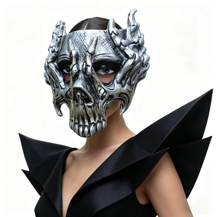 Adult Industrial Retro Lightweight Half-Face Latex Mask - Gothic Halloween Accessory with 3-Dimensional Mechanical Skeletal Hands, Antique Silver Bone Headgear, Eye-Catching Design for Cosplay Events, Biker Parties
