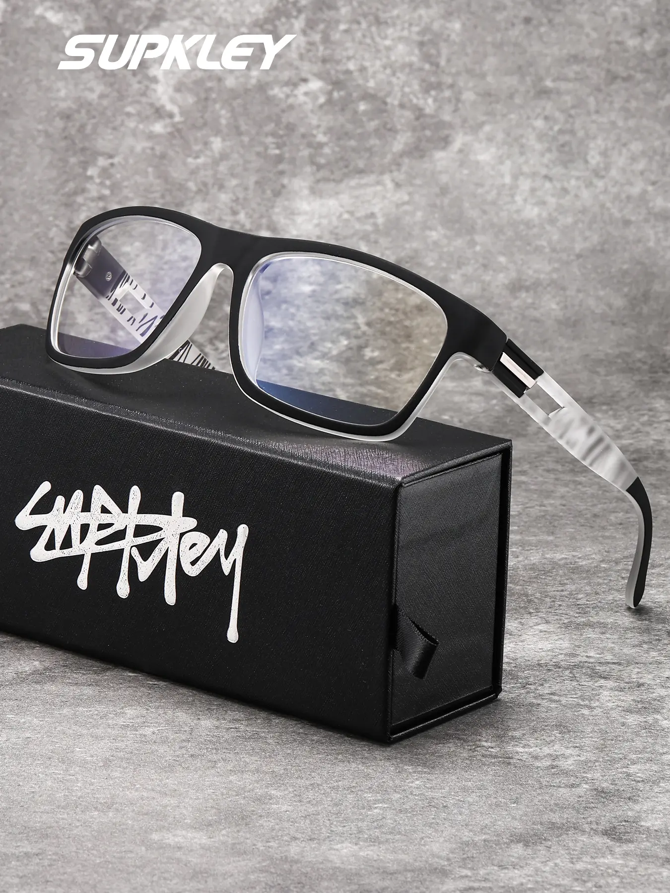 SUPKLEY Fashion Vacation Style Colorless Transparent Casual Glasses PC Lens Rectangular Frame Anti-Slip Brand Packaging Ideal Gift Choice Rectangle Glasses