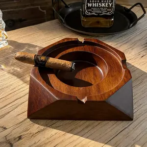 Vintage Square Cigar Ashtray, Thick Recycled Hardwood, with Cigar Tray, Home Office Use, Elegant Decorative Centerpiece, Sculpture Desk Decor, Collectible Room Decor, Large Size Design