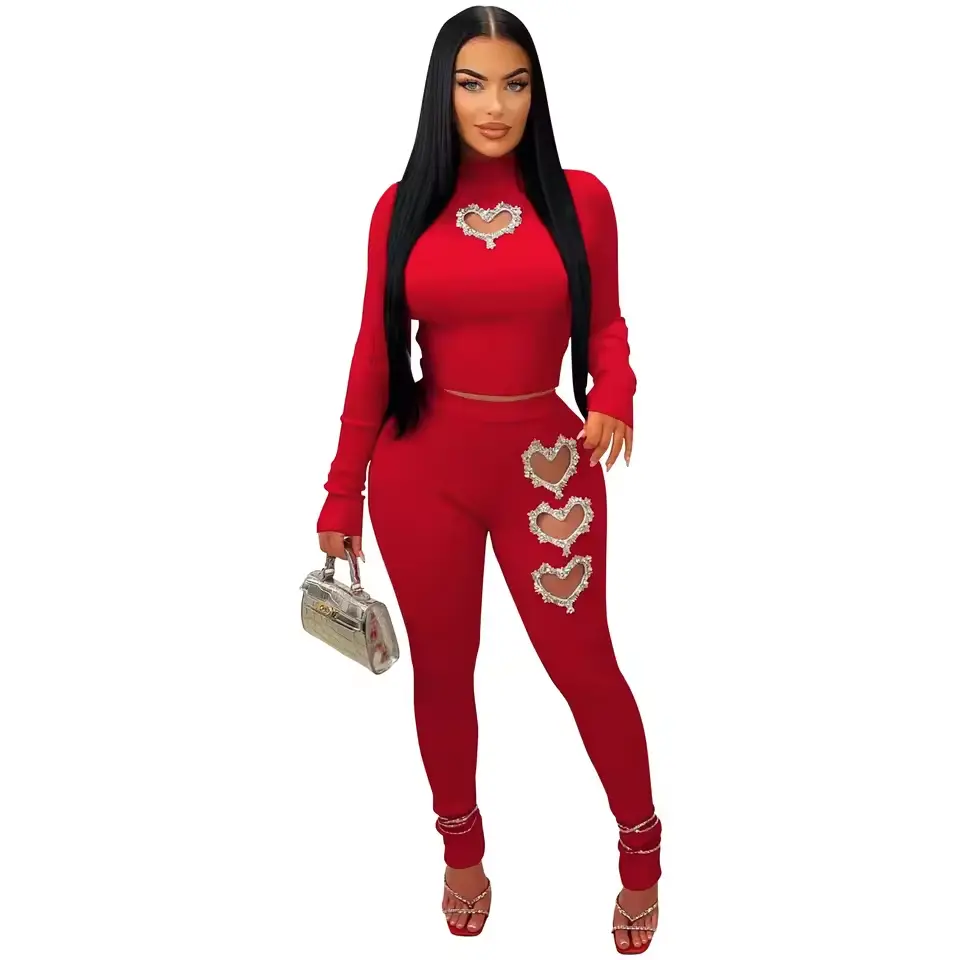 Women's 2-Piece Metallic Heart Embellished Top & High-Waist Skinny Pants Set, Red Polyester-Spandex Fabric, Lady Clothes with Accessories-Friendly Fit, Versatile Style