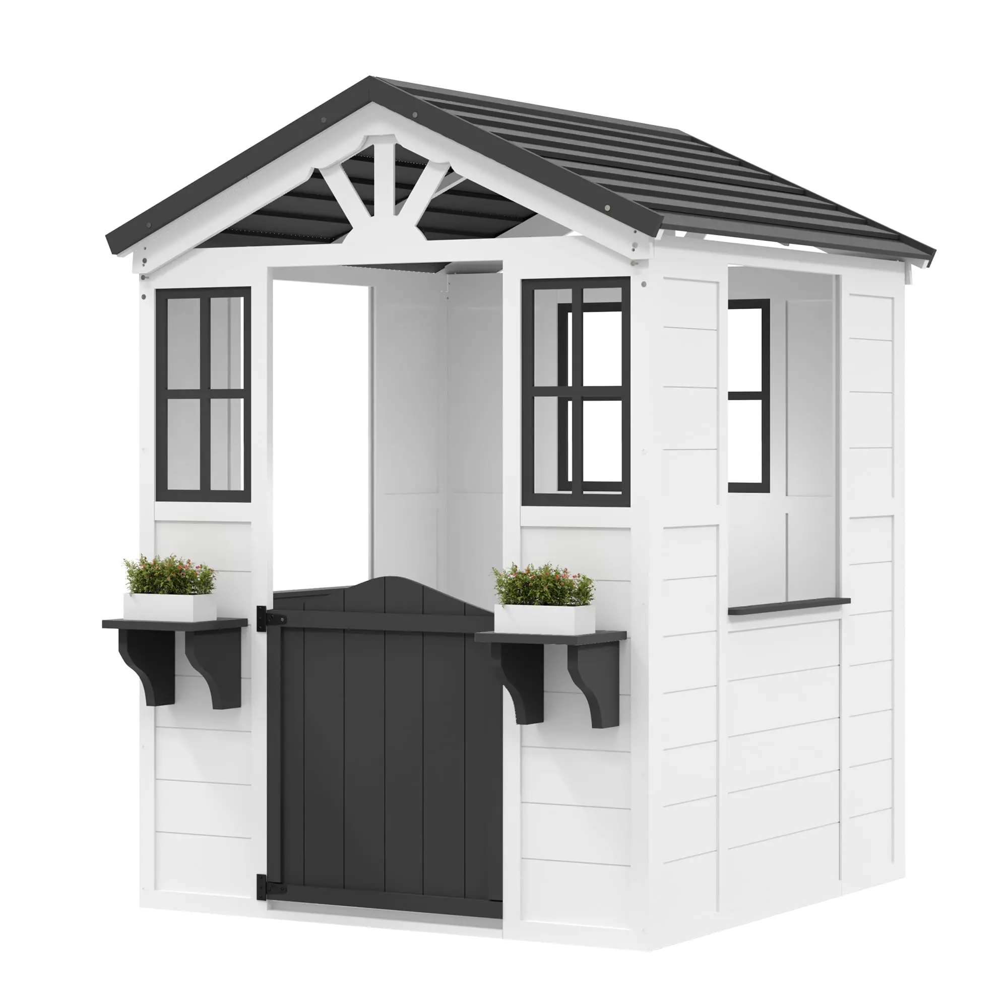 Cedar Wooden Kids Playhouse with Play Kitchen, Wooden Adventures Cottage for Backyard, Outdoor Toddler Playhouse for Kids with Vinyl Roof,White