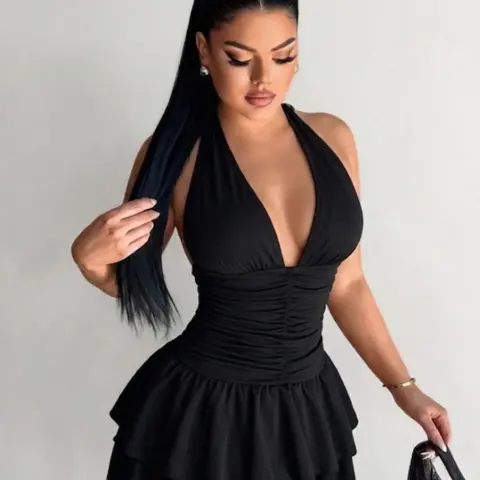 Women's Sexy Halter Dress Formal, Ruched Bodycon Layered Ruffle Short Skirt, Deep V Backless Evening Party Night, Elegant Sweet Feminine Style, Womenswear, Backless Ruffled Dress
