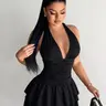 Women's Sexy Halter Dress Formal, Ruched Bodycon Layered Ruffle Short Skirt, Deep V Backless Evening Party Night, Elegant Sweet Feminine Style, Womenswear, Backless Ruffled Dress