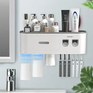 Wall Mounted Toothbrush Holder with 2-Automatic Toothpaste Dispenser, 3 Magnetic Cups & Detachable Tray – Large Capacity Bathroom Organizer for Family Use