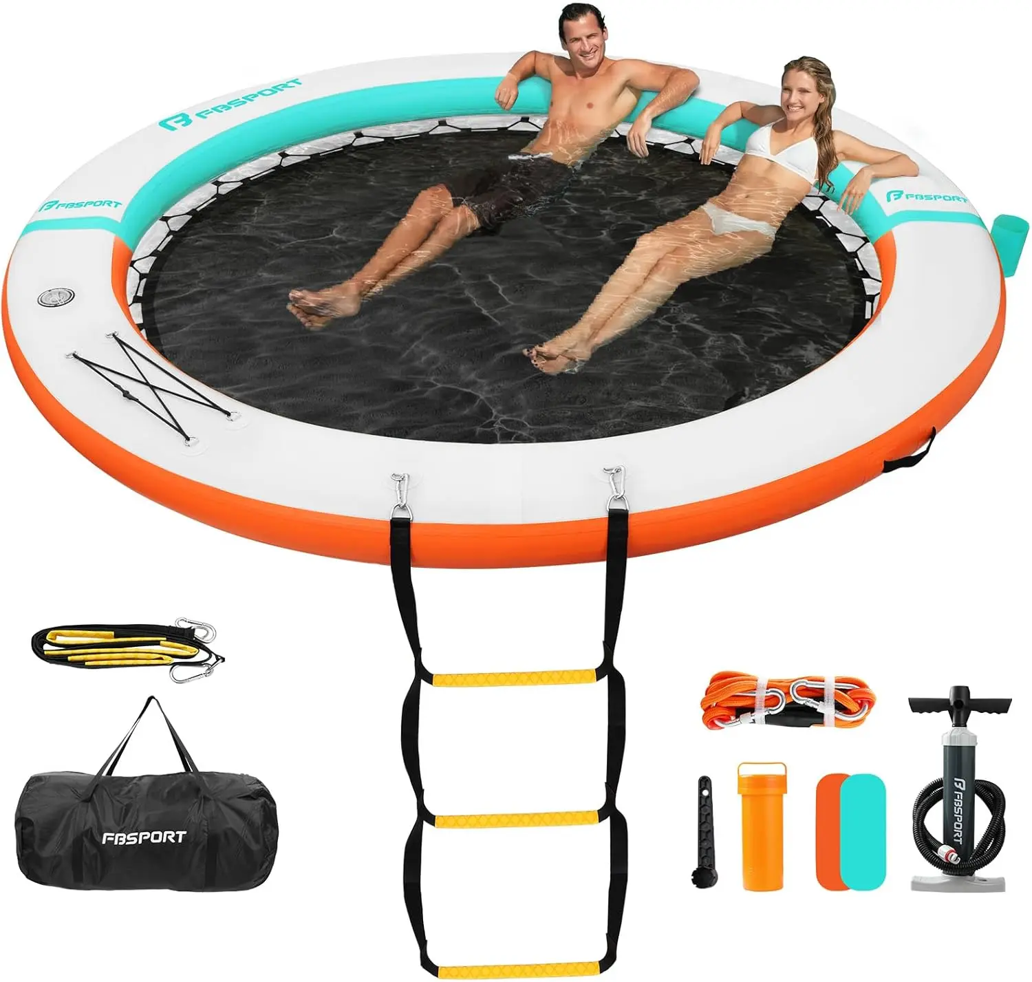 FBSPORT 8FT Inflatable Water Floating Island, Oversized Pool Float Dock with Cup Holders, Relaxing Sun Lounger Raft for Lake Days, Pool Parties & Beach Fun  ，：