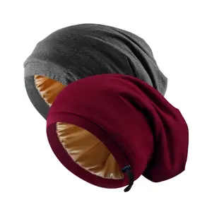 Silk Satin Bonnet Hair Wrap - 2 Pcs Adjustable Slouchy Bonnets for Women and Men, Curly Hair, Adjustable Strap, Soft Silk Lined Design Black+Red
