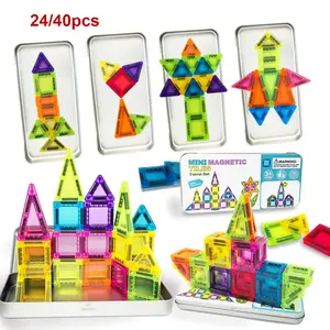 Mini Magnetic Tiles, one box (24/40PCS) Magnetic Building Blocks with Iron Box, Magnet Toys Travel Size On-The-Go Construction Set STEM Travel Toys for Boys and Girls Ages 3+ Creative Magnetic Blocks