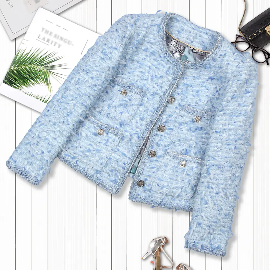 DUSHE Women's High-End Coarse Wool Blend Tweed Coat - Long Sleeve, Fitted Round Neck, Button-Closure Outerwear Tops, Basic Casual Style, Coats, Lady, Jackets, Tweed Blend, Color-Sorted Wash, Do Not Bleach, Cool Iron, Crew Neck, Dry Clean, Elegant