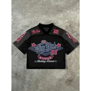 Black Cropped Mesh Football Jersey V-Neck New York NY 68 Star Wisdom Realizing Dreams Graphic