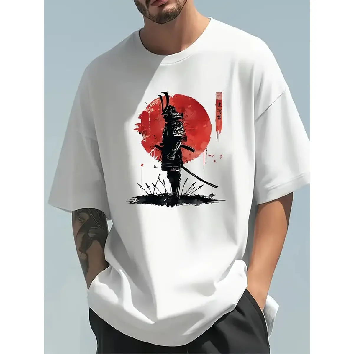 Men's Tshirt with Japanese Samurai Graphic Print, Classic Relaxed Fit in 100% Cotton, Breathable Short Sleeve Crewneck for Summer, Fabric, Tee, Tops, Casual Wear, Classic Crew, Comfy, Shortsleeve, Soft, Menswear, Breathable Fabric, Round Neck, Samurai Pri