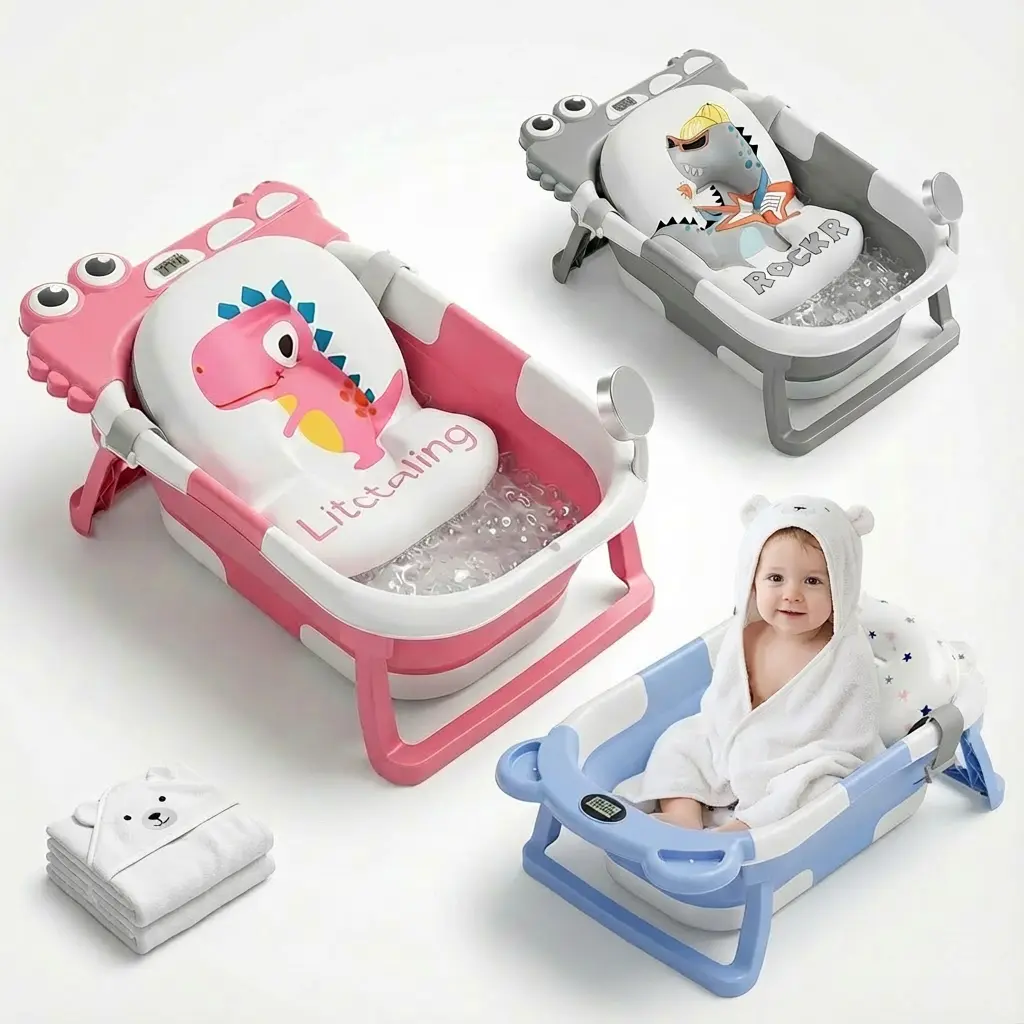 #Summerwins，MoreFeel Collapsible Baby Bathtub for Infants to Toddler with Real-time Temp Monitor Floating Cushion Foldable Baby Bath Tub Set Applicable 0-36 Month Swing Seat Cute Newborn