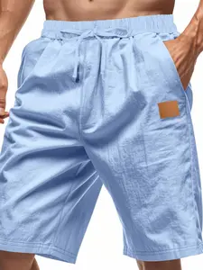 Men's Solid Color Plain Linen Shorts, Casual Comfy Drawstring Waist Lightweight Loungewear Shorts for Summer Tropical, Men's Bottoms for Daily Wear