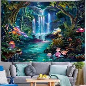 Forest Tapestry Mushroom Flower Tapestry Natural Landscape Waterfall Tapestry Colorful Floral Plants Wall Tapestry Fantasy Aesthetic Tapestry Wall Hanging for Bedroom Decor