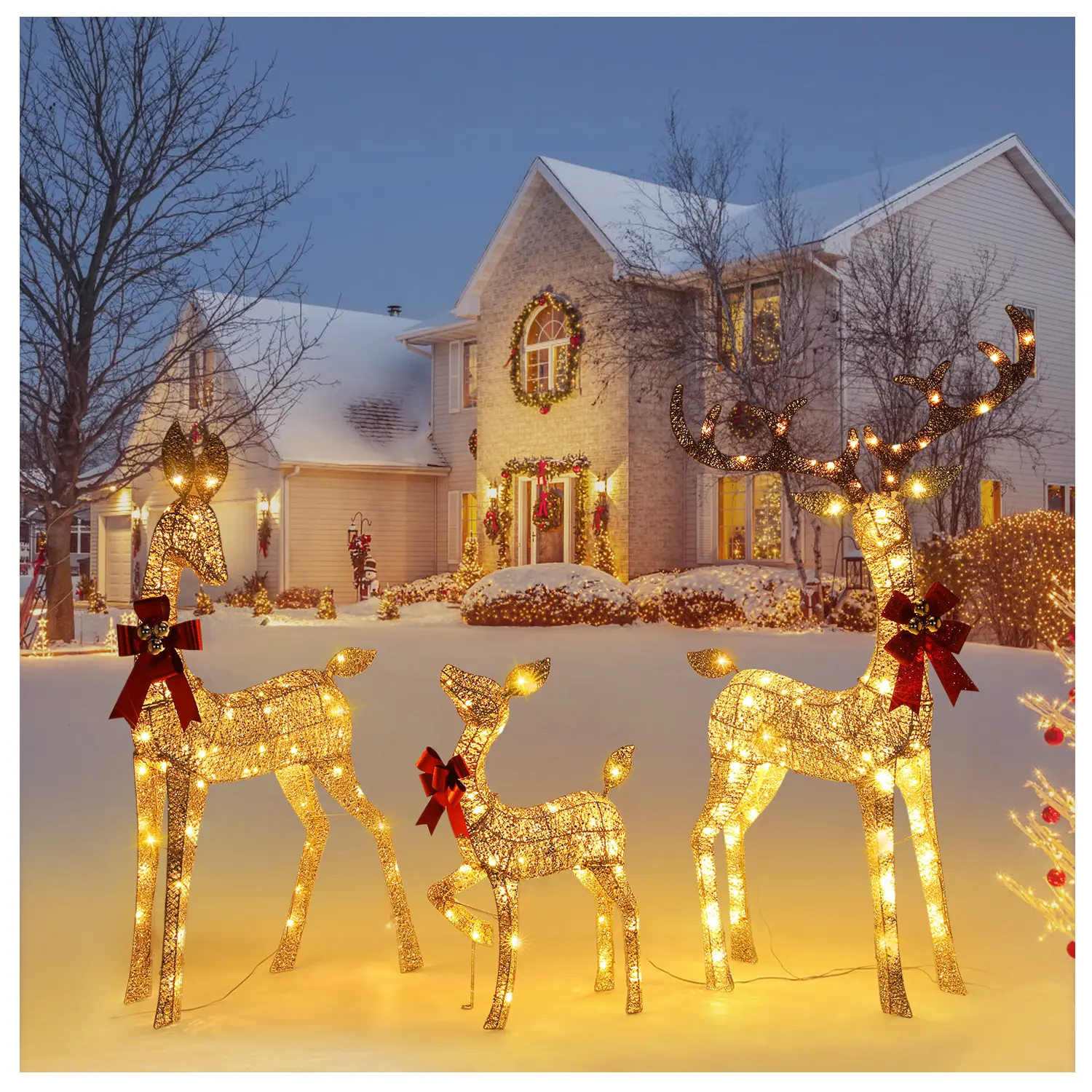 3-Piece Large Lighted Christmas Deer Family Set Pre-lit for Indoor Outdoor Front Yard Porch Holiday Decoration with 210 Warm White LED Lights Plug Ground Stakes Iron Frame Cotton Yarns PVC Gold
