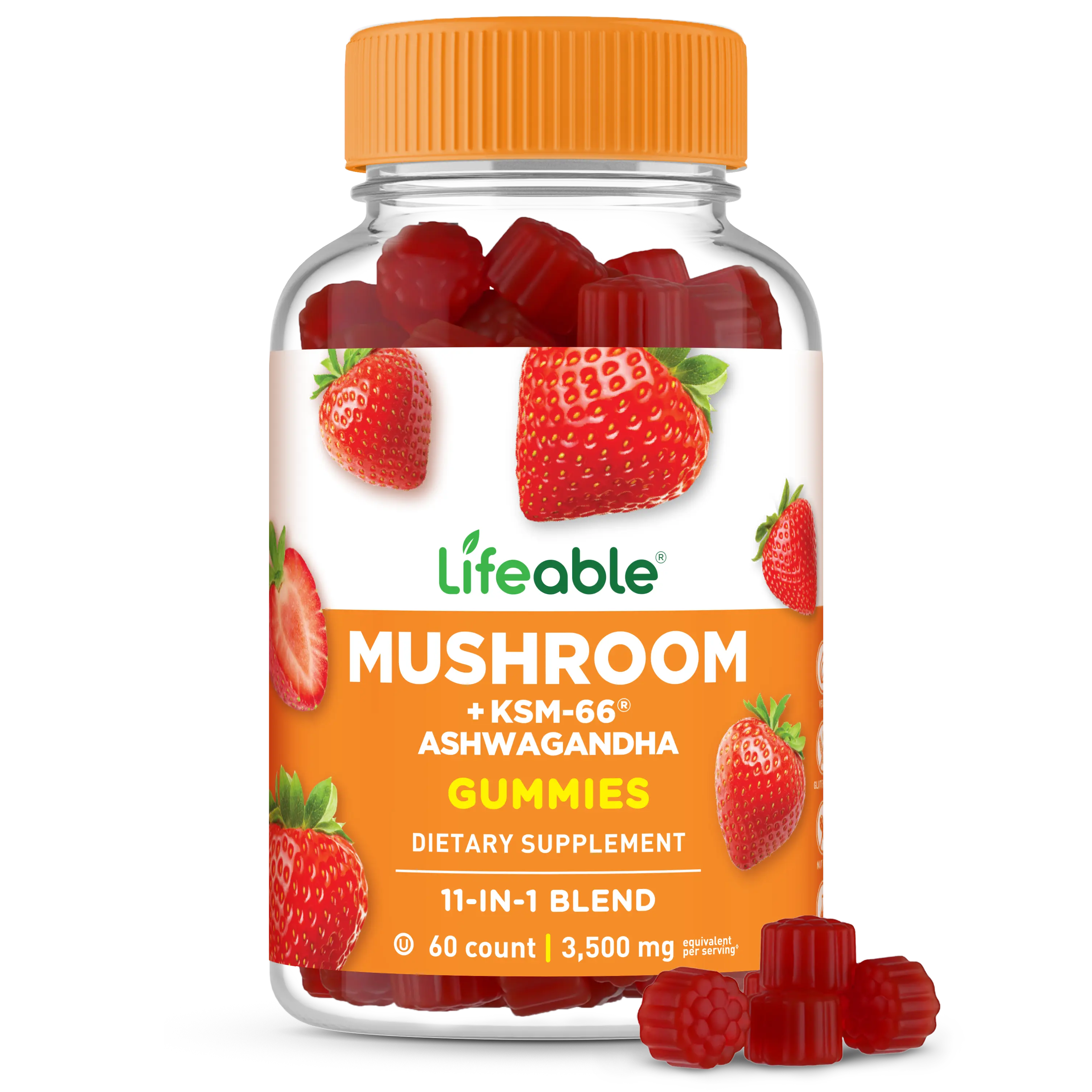 Lifeable Adult Mushroom Dietary Supplement Gummies - 10-Mushroom Complex Blend with Natural Ashwagandha KSM-66, Halal, Kosher-Halal, Botanical, 60-Count Health & Nutrition Support