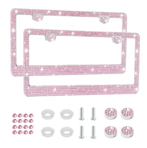 Bling License Plate Frame for Women 2Pack Rhinestone Handcrafted Crystal Premium Stainless Steel Car Accessories with Diamond Sparkle Glitter Caps Pink