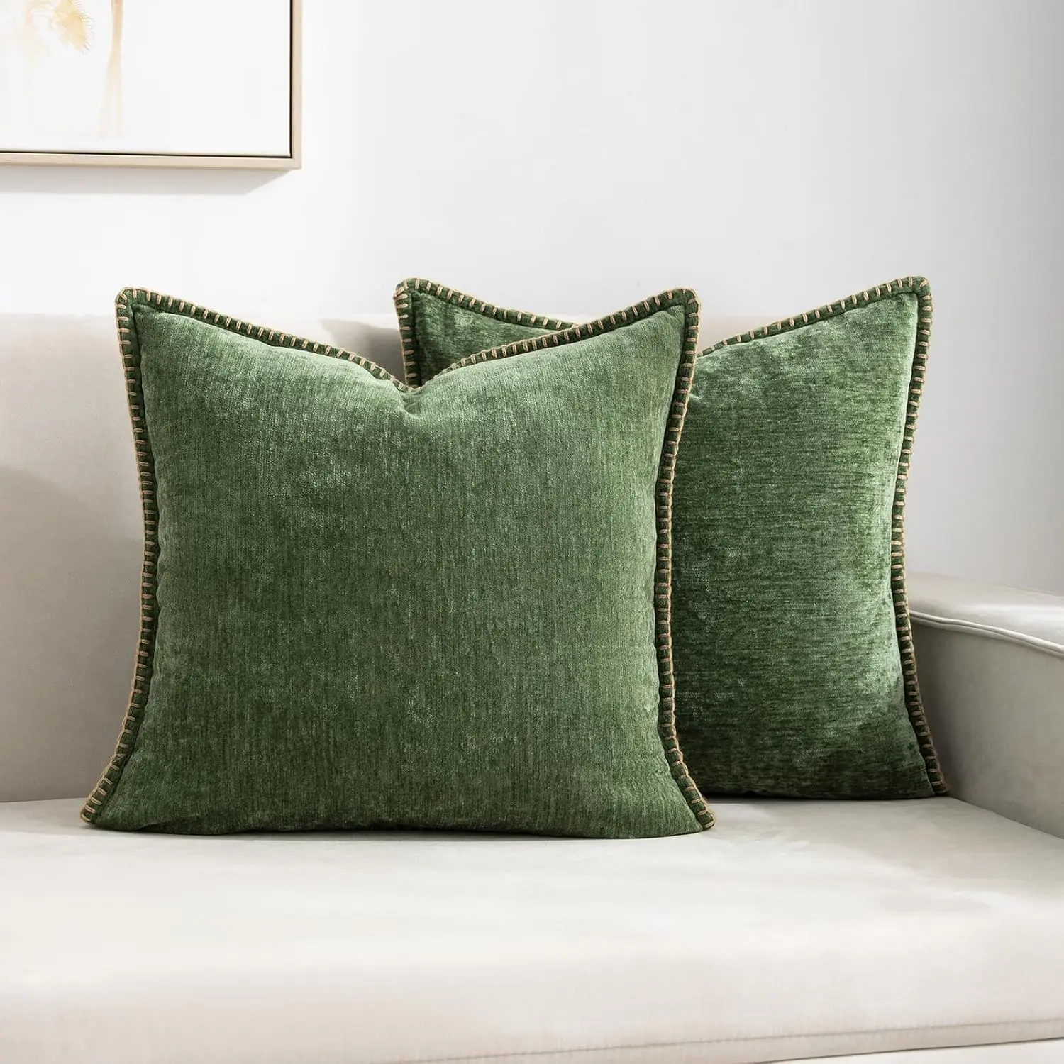 Decorative Green Throw Pillow Covers Pack of 2, 18x18 in Chenille Soft Pillow Covers with Stitched Edge, Farmhouse Neutral Euro Decorative Pillows for Bed Couch Sofa  Decor