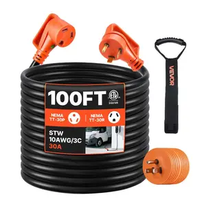 summervibes VEVOR 100 FT RV Extension Cord, 30 Amp, 125V 2500W Heavy Duty STW 10/3 Gauge Wire, NEMA TT-30P Male NEMA TT-30R Female Plug, with LED Power Indicator, Handle, 15A Adapter, for RV Trailer, ETL Listed