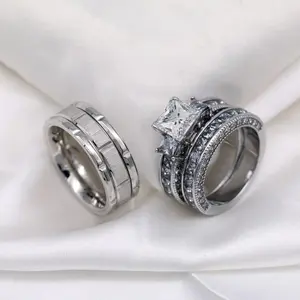 Lvrong 2 Rings His And Hers Couple Rings 1.5CT Princess Cut Cz Three Stone Rings Womens Wedding Ring Sets Titanium Steel Mens Wedding Bands