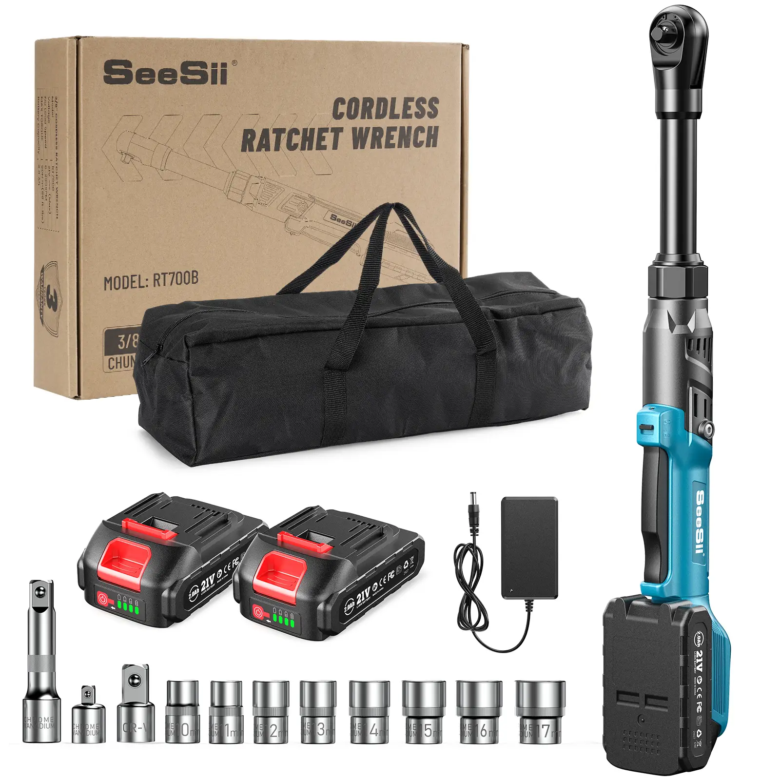 Seesii 4" Long Neck Cordless Electric Ratchet Wrench 3/8" 66Ft-lbs Brushless 2x21V Batteries Charger 8 Sockets 1/4"&1/2" Adapters 3" Ext Bar Tight Spa