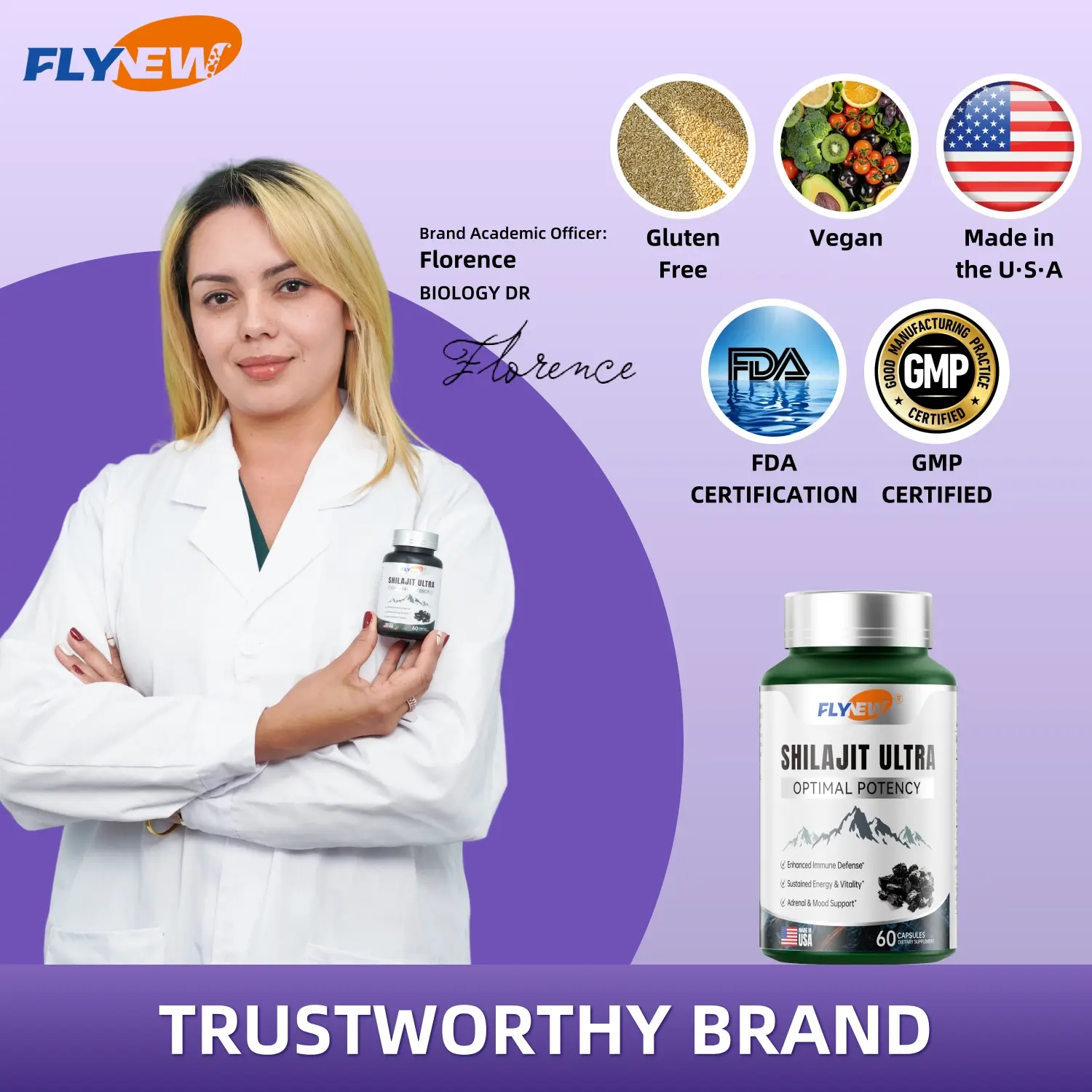 FlyNew Alpha Nootropic Dietary Brain Booster Supplement for Adults, Made in the USA Self Care Products, Focus Capsules with L-Arginine, Shilajit, Pomegranate, Trace Minerals (60 Count) for Memory Support, Mental Clarity, Cognitive Boost, Energy