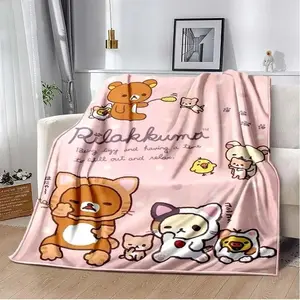Rilakkuma Anime Flannel Blanket, Super Soft Cute Kawaii Throw Blanket for Hiking, Picnic Trips, Bed, Cozy Birthday Gift