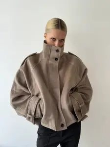 Women's Stand Collar Zipper Short Loose Wool Blend Minimalist Jacket Coat, Fall Winter Fashion Outerwear, Casual Warm Clothing for Daily Wear