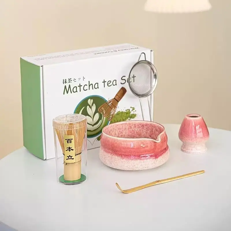 Matcha  Set - 5 count with Kiln-Transformation  Ceramic Bowl, Prong  Whisk, Scoop, Sifter & Holder | Authentic -Style Tools (red)