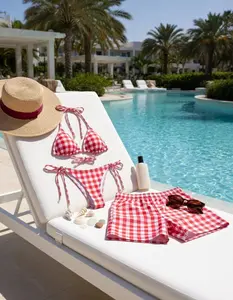 Red Gingham Matching Couple Beach Set Summer Bikini & Men Shorts Picnic Outfit Honeymoon Vacation Wear Gift for Couples Beach Party