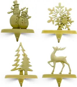Classic Gold Metal Christmas Stocking Hanger Set - 4-Piece Weighted Mantel Holders with Stainless Box Snowflake Ornaments for Holiday Home Decoration