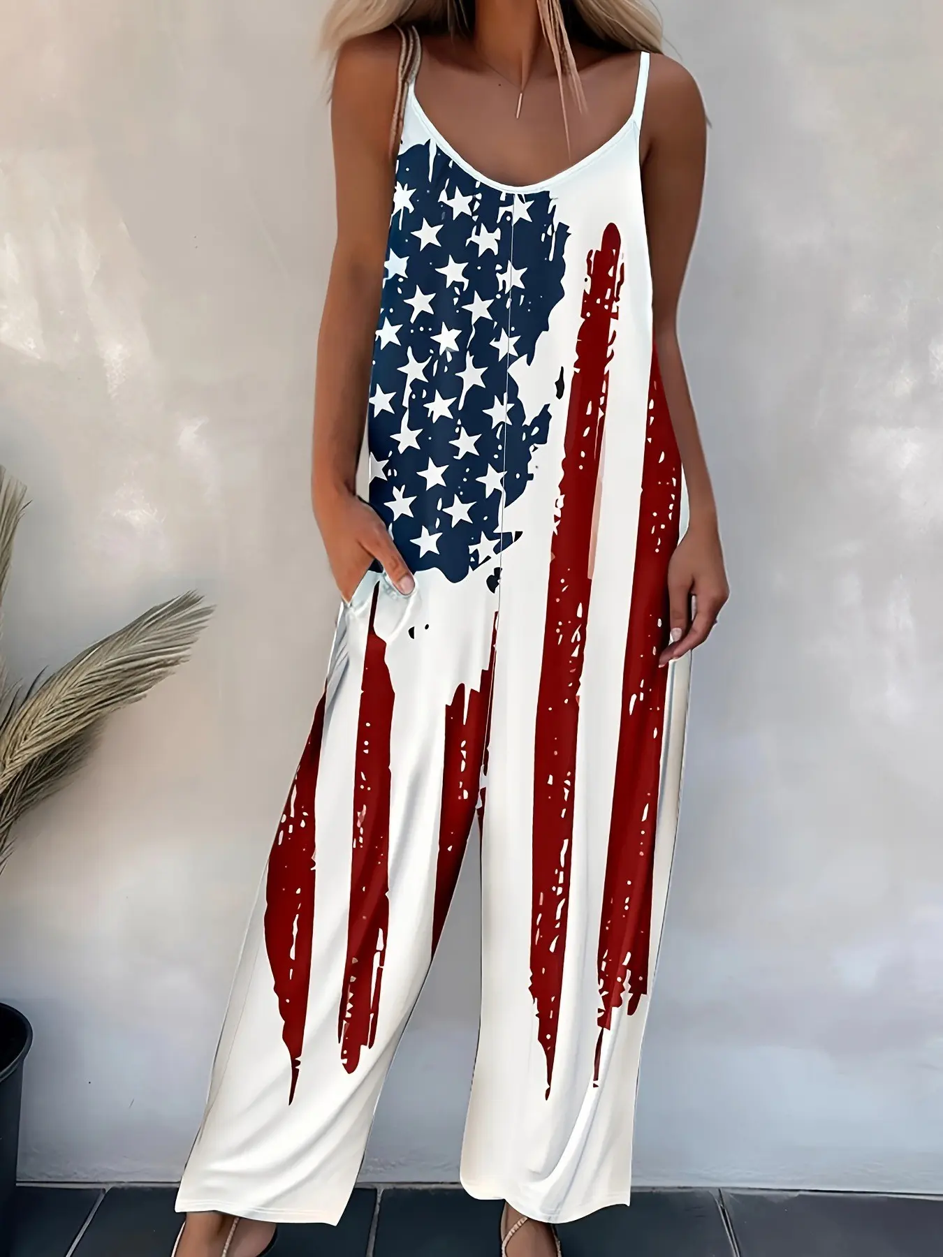 Women's Printed Casual Loose Tank-Top Romper Jumpsuit with Adjustable Shoulder Straps, Spaghetti Strap and Comfortable Long Pants, Trendy Everyday Wear