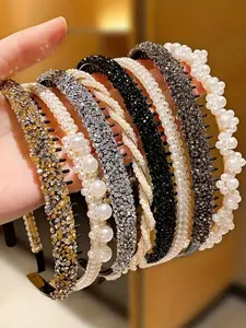 Elegant Boho Headbands Set for Women, Non-Slip Imitation Pearl Band, Korean Rhinestone Design, Summer Daily Accessory, Ideal Gift, Elastic Fashion Headbands