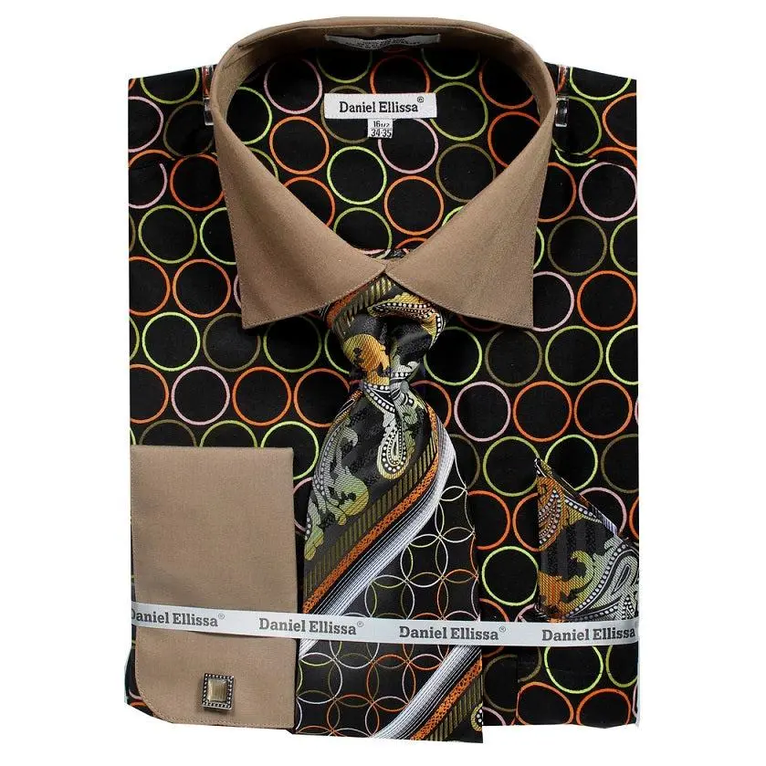 Men's French Cuff Contrast Collar Circle Print Dress Shirt & Tie Set in Black & Taupe