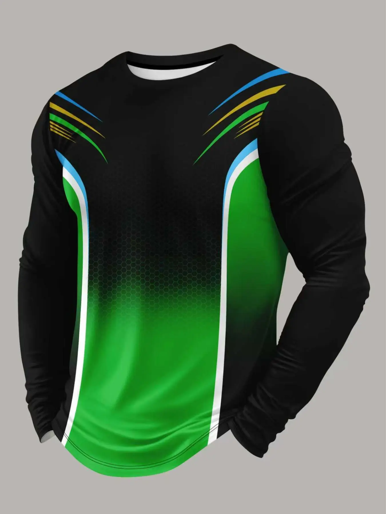 Men's Black Green Gradient Long Sleeve Athletic Shirt, Quick Dry Breathable Color Block Sport T-Shirt for Gym Running Outdoor Activities, Athletic Running Tee