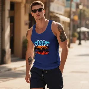 Men's Blue Sun Beach Tank Top | Tropical Palm Tree Graphic | Trendy Street Fashion Sleeveless Vest