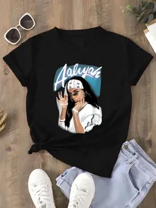 Women's Letter & Figure Print Round Neck Tee, Fashion Casual Streetwear Crew Neck Short Sleeve Fitted T-Shirt for Daily Holiday Vacation Outdoor Wear, Womenswear Ladies Clothes for All Seasons, Casual Tees