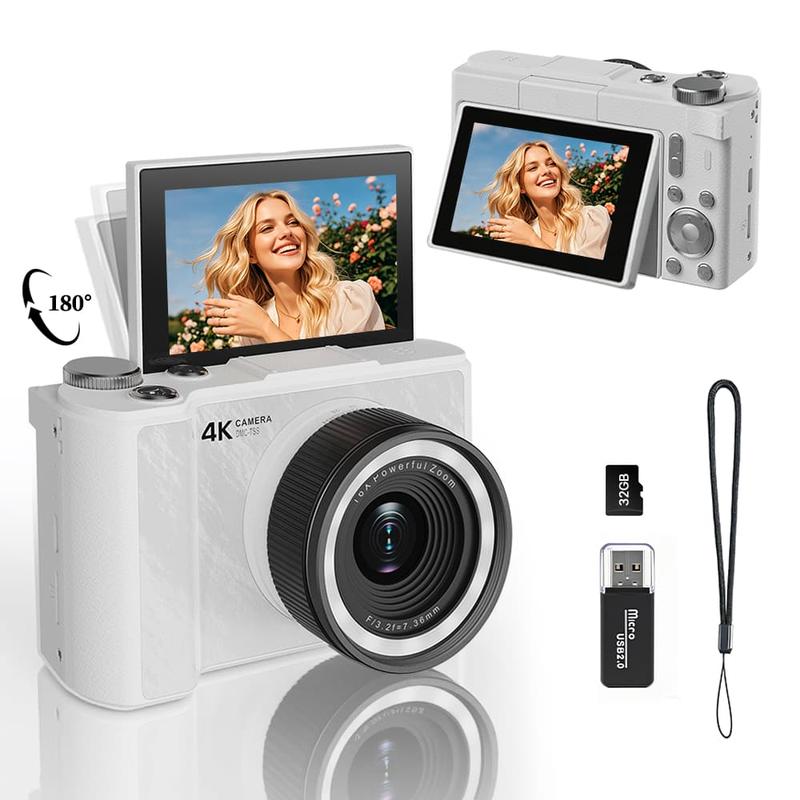 4K Digital Camera for Photography, Y2K Foldable Screen Portable Vlogging Camera with 32GB SD Card, Wrist Strap, Self Timer, Anti-Shake, 16X Digital Zoom, Ideal Gift for Girls, Boys Teenagers, and Beginners, Birthday Christmas Gift