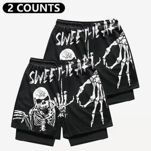 Men's Y2K Gothic Streetwear Shorts, 2-in-1 Double Layer Design, Skeleton Print Graphic, Grunge Casual Running Shorts, Drawstring Breathable Athletic Shorts