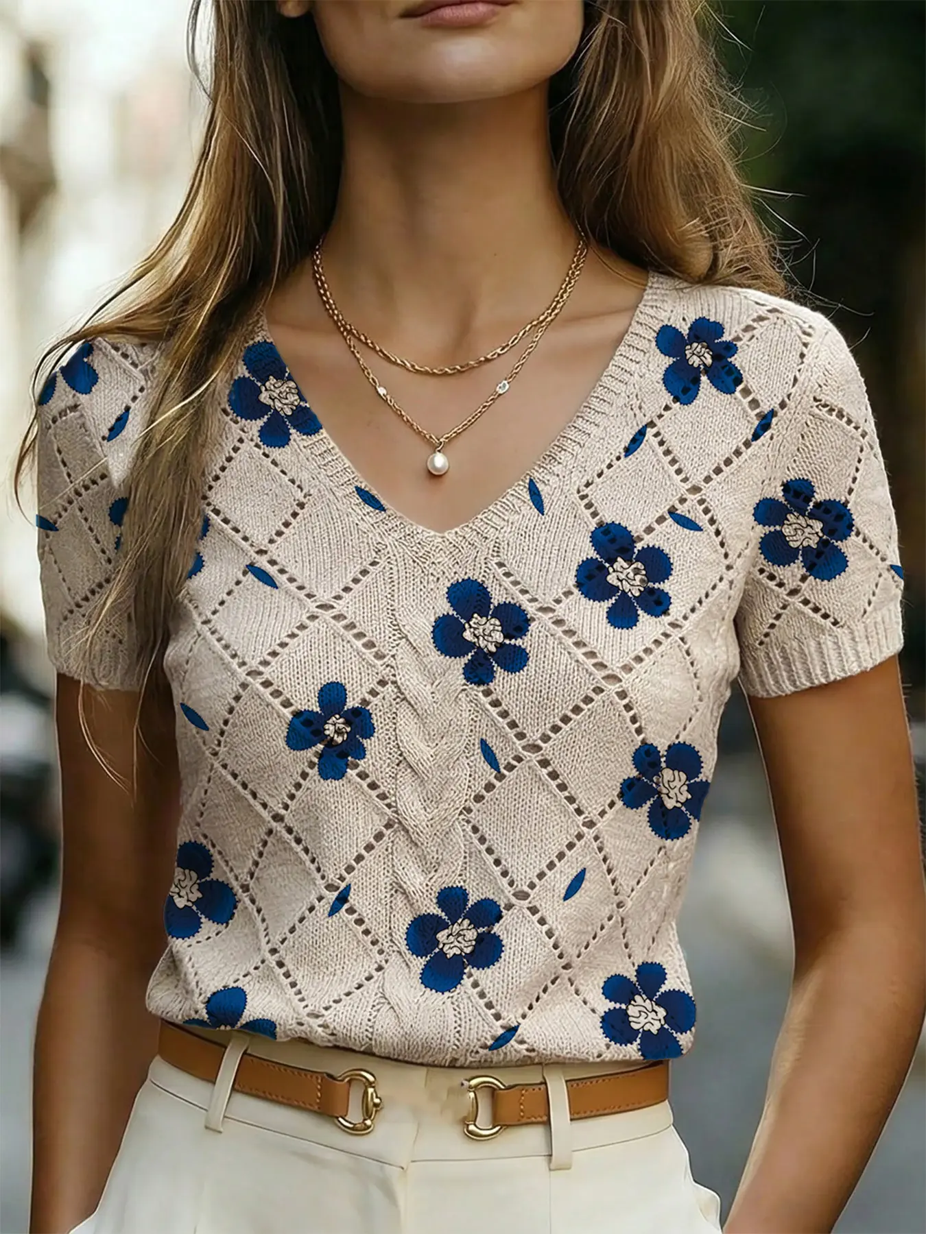 Spring Summer V Neck Rhombus Cut Out Short Sleeve Top, Blouses Shirts Tops, Floral Print Knitwear, Casual Classy Elegant Commuter Style, Breathable Ladies Shirt, Vneck