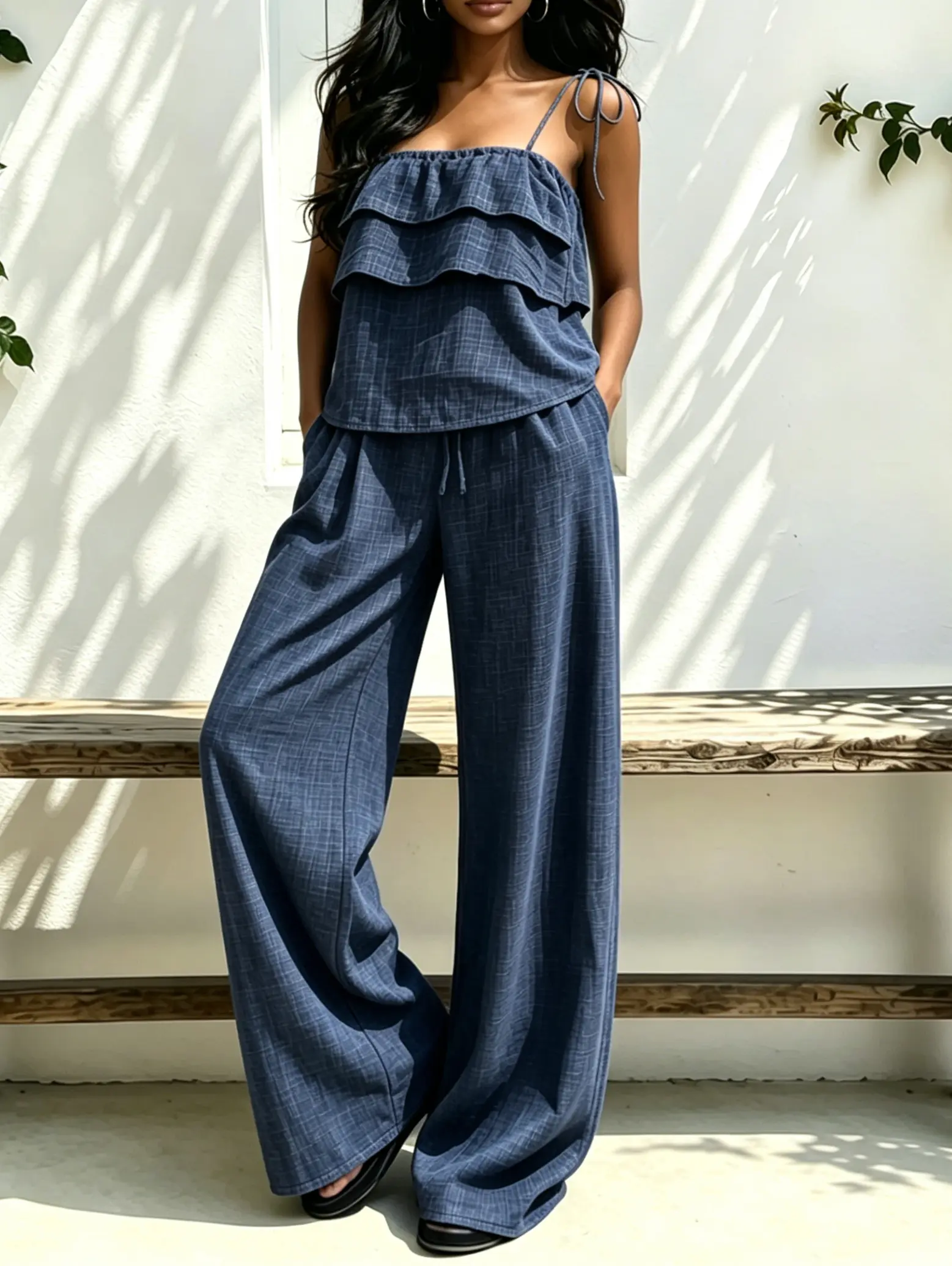 Women's Textured 2-Piece Set, Tiered Ruffle Spaghetti Strap Cami and High Waist Wide Leg Pants, Lightweight Beach Vacation Clothes, Sleeveless, Basic, Women's Clothes, Two Piece Sets