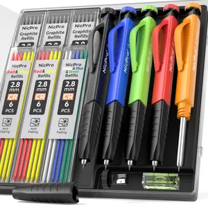 Nicpro 5 Pack Mechanical Carpenter Pencil Set with Sharpener & Finger Grip, Mechanical Woodworking Pencils with 41 Refills, Deep Hole Marker Heavy Duty Construction Pencils for Architect- with Case