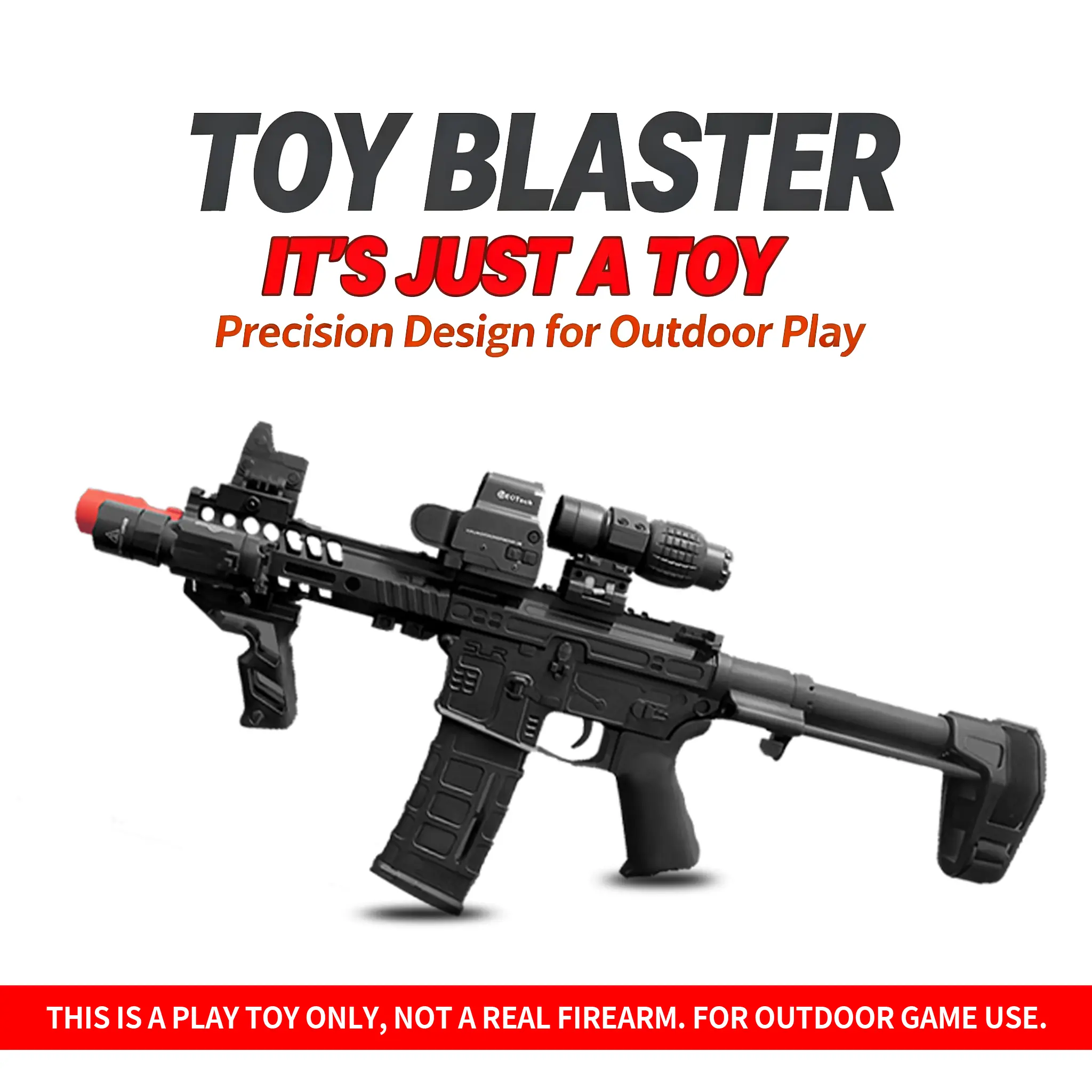 Splatter Ball Electric Toy Blaster with Single & Continuous Firing, Matched 7.4V Battery, Large Capacity Magazine & Retractable Stock, Safe Orange Tip Backyard Shooting Game Gift for Teens Age 14+