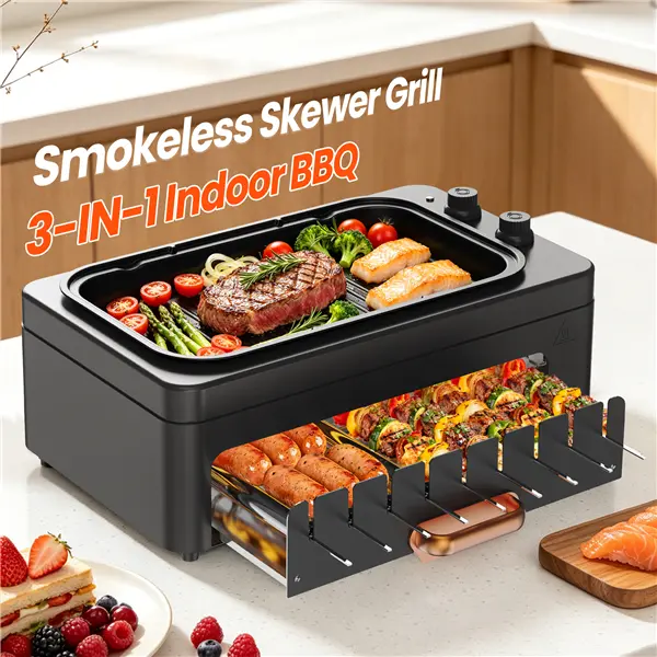 3-in-1 Smokeless Indoor BBQ Grill, 1500W Electric Grill with Auto-Rotating Hot Dog Roller & Kabob Skewers, Dual Grill & Griddle, Adjustable Temp Control, Non-Stick BBQ Cooker for Steak, Burgers & Home Party