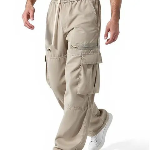 Men's Regular-Fit Cargo Pants - Mid Waist Plain Fitted Athletic Trousers with Functional Side Zips, Secure Pockets, Adjustable Drawstring, Fast Phone Access, Machine Washable Street-Style Spring Everyday Comfort Menswear