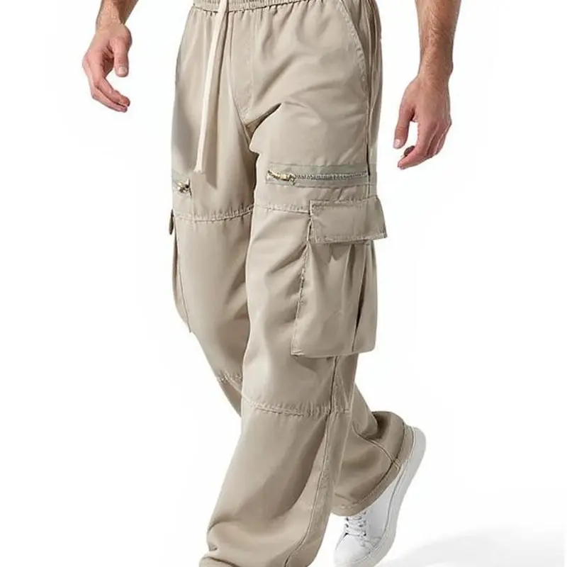 Men's Regular-Fit Cargo Pants - Mid Waist Plain Fitted Athletic Trousers with Functional Side Zips, Secure Pockets, Adjustable Drawstring, Fast Phone Access, Machine Washable Street-Style Spring Everyday Comfort Menswear