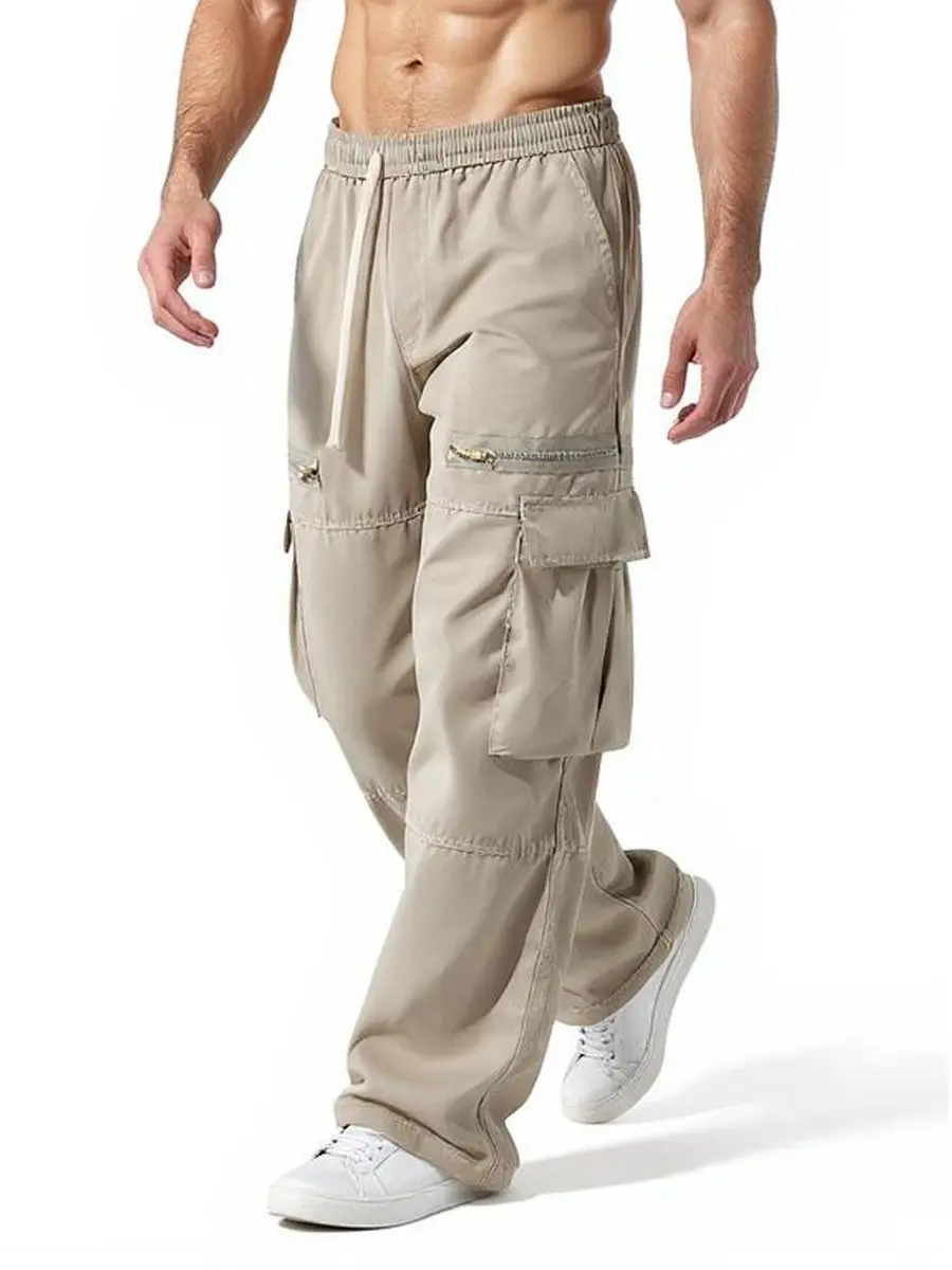 Men's Regular-Fit Cargo Pants - Menswear with Functional Side Zip Pockets, Adjustable Drawstring Waistband, Cargo Style, Athletic Men's Pants, Baggy Street Fit, Loose Baggy Vibe - Beige SpringStatements Casual Trousers for Everyday Comfort